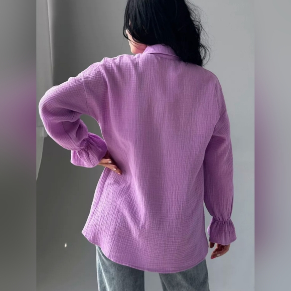 Textured Collared Neck Flounce Sleeve Button Down Shirt - Picture 4 of 6